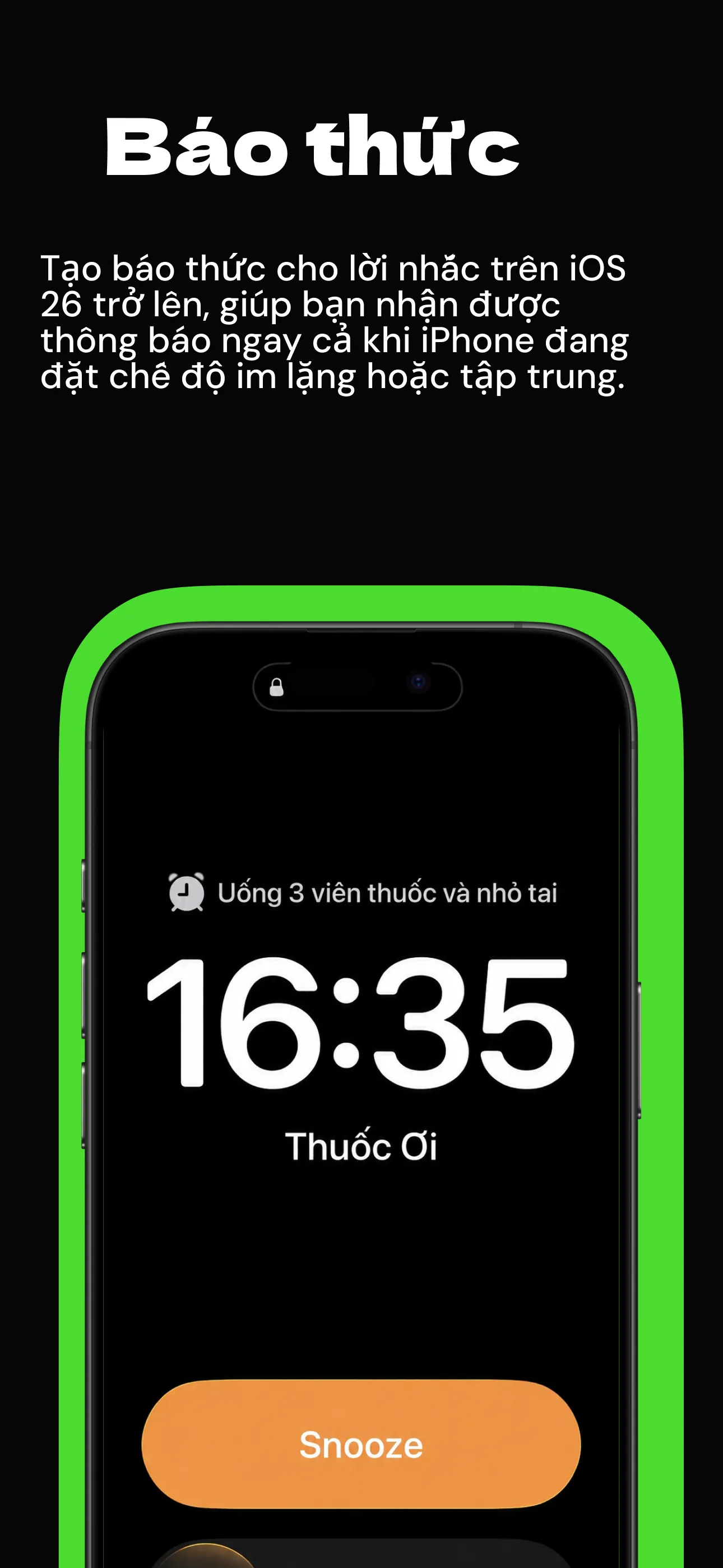 Màn hình báo thức Thuốc ơi trên iPhone, hiển thị 16:35 và nội dung uống 3 viên thuốc và nhỏ tai